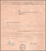 1943 Bp., a Budapesti Szállodások és Vendéglősök Ipartestülete által kiállított irat üzlet besorolás...