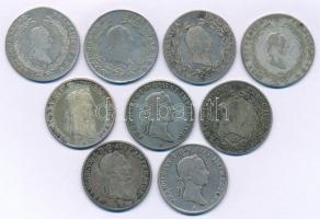 1805-1835. Kilenc darabos magyar és osztrák krajcár tétel, mindegyik 20kr névérték és különféle évjá...