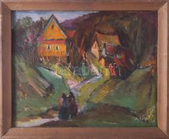 Ivan Brovdi (1939-2023): Kárpátaljai falu asszonyokkal. Olaj, farost, jelzett. Fakeretben, 24,5×30,5 cm