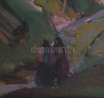 Ivan Brovdi (1939-2023): Kárpátaljai falu asszonyokkal. Olaj, farost, jelzett. Fakeretben, 24,5×30,5...