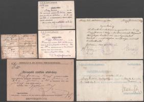 1915-1920 6 db katonai igazolvány, közte II. osztályú Ezüst Vitézségi Érem és Károly-csapatkereszt adományozó igazolványok, eltávozási engedély, stb.