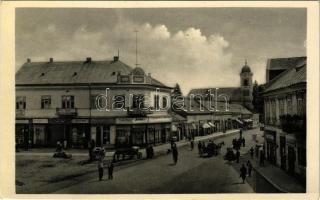 Huszt, Chust, Khust; Masarykova ulice / Masaryk utca, B. Fixler, Grünfeld, Berkovits és Rosenfeld üzlete, templom / street view, shops, church