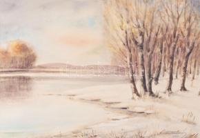 Szabados István (-): Vízparti táj. Akvarell, papír. Dekoratív, üvegezett fakeretben, 24,5×35 cm