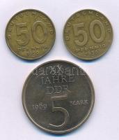 Német Demokratikus Köztársaság 1950A 50pf Al-bronz (2x) + 1969. 5M Ni-sárgaréz "20 éves az NDK" T:AU,XF patina German Democratic Republic 1950A 50 Pfennig Al-bronze (2x) + 1969. 5 Mark Ni-brass "20th anniversary of GDR" C:AU,XF patina Krause KM#4, KM#22.1