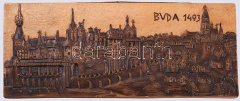 Sóskuti kerámia plakett: Buda 1493. Jelzett, hibátlan, 17x41 cm
