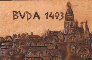 Sóskuti kerámia plakett: Buda 1493. Jelzett, hibátlan, 17x41 cm