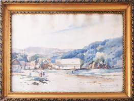 Halász József (1874-1935): Mátramindszent, 1932. Akvarell, papír, jelzett. Kissé foltos. Dekoratív, üvegezett fakeretben, 34×49 cm