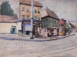Paczolay Imre (1908-1978): Utcarészlet hirdetőoszloppal. Akvarell, papír, jelzett. Dekoratív, üvegezett fakeretben, 13,5×18,5 cm