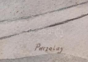 Paczolay Imre (1908-1978): Utcarészlet hirdetőoszloppal. Akvarell, papír, jelzett. Dekoratív, üvegez...