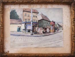 Paczolay Imre (1908-1978): Utcarészlet hirdetőoszloppal. Akvarell, papír, jelzett. Dekoratív, üvegez...