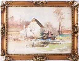 Halász József (1874-1935): Vízimalom, Szöllős (Sopron környéke), 1916. Akvarell, papír, jelzett. Kissé foltos. Dekoratív, üvegezett, sérült fakeretben, 23×30 cm