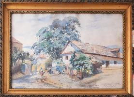 Halász József (1874-1935): Somosújfalu (Eperjes környéke, Felvidék), 1932. Akvarell, papír, jelzett. Kissé foltos. Dekoratív, üvegezett, sérült fakeretben, 34×49 cm