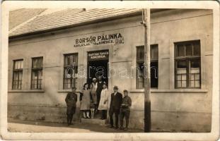 Salgótarján (?), Barthos Tamás bor, sör, pálinka korlátlan italkimérés, kocsma, előtte a tulajdonos és családja. photo (fl)