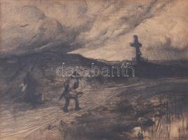 Olvashatatlan jelzéssel, XIX. sz. vége/XX. sz. eleje: Vihar készülőben. Ceruza, papír. Dekoratív, üvegezett fakeretben, 19,5×26,5 cm