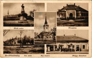 1942 Berekböszörmény, Beregböszörmény; Hősök szobra, Községháza, Református templom és iskola, Hangya szövetkezet üzlete és saját kiadása (EM)