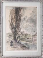 Aszódi Weil Erzsébet (1901-1976): Hulló levelek. Színezett rézkarc, papír, jelzett. Üvegezett, dekoratív fakeretben. 39,5x28 cm