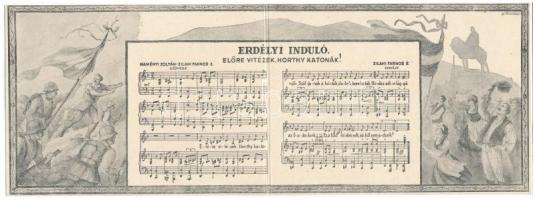 Erdélyi induló. Előre vitézek, Horthy katonák! Zilahi Farnos E. zenéje, Naményi Zoltán-Zilahi Farnos E. szövege. Kiadja a Magyar Nemzeti Szövetség. 2-részes kinyitható irredenta kottás képeslap / WWII Hungarian Army's Transylvanian military anthem, irredenta propaganda, 2-tiled folding card with sheet music s: Buday (fl)