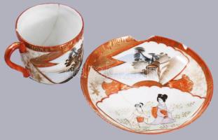 Japán Kutani 13 részes kávés készlet, jelzett, közte pattogzással