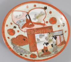 Antik japán kézzel festett csésze alátéttel, jelzett, d: 12,5 cm