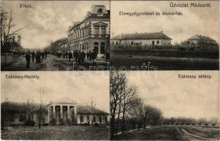 1908 Módos, Jasa Tomic; Fő tér, elmegyógyintézet és kórház, Csávossy kastély és sétány. Hoffmannn Béla kiadása / main square, asylum, hospital, castle, promenade (fl)