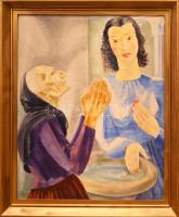 Gáborjáni Szabó Kálmán (1897-1955): Szenteltvíz, 1930-as évek. Tempera, rétegelt falemez, jelzett. Hátoldalon: Nemzeti Szalon Művészeti Egyesület kiállítási címkéje 1941-ből. Dekoratív fakeretben. 100x80 cm. KIZÁRÓLAG SZEMÉLYES ÁTVÉTEL, NEM POSTÁZZUK / ONLY PERSONAL COLLECTION IN OUR OFFICE!