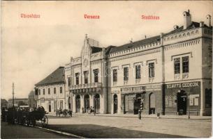 Versec, Werschetz, Vrsac; Városháza, Stegvár János, Boiger Aurél, Szavits Gedeon üzlete, városi mészárszék / Stadthaus / town hall, shops, slaughterhouse