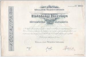 1908. Debrecen "Kőolajipari Részvénytársaság" részvénye 250K-ról, lyukasztásokkal érvénytelenítve, szelvényekkel T:AU,XF