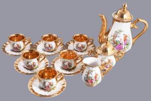 Zsánermintás historizáló kávés készlet, jelzett, teljes, hibátlan.