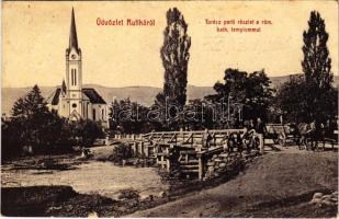 1912 Ruttka, Vrútky; Turóc parti részlet, római katolikus templom. W.L. Bp. 5864. Felvidéki Magyarság nyomda kiadása / Turiec riverside, bridge, church (EB)