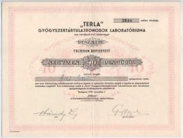 1941. Budapest "TERLA Gyógyszertártulajdonosok Laboratóriuma" névre szóló részvénye 40P-ről, szelvényekkel, szárazpecséttel T:XF