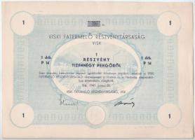 1941. Budapest "Viski Fatermelő Részvénytársaság" részvénye 14P-ről, szárazpecséttel T:AU