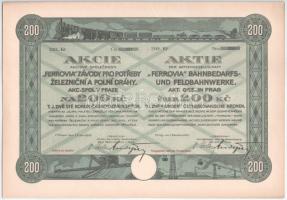 Csehszlovákia / Prága 1922. "FERROVIA - Prágai Vasúti Berendezés és Vasúti Terepmunka Részvénytársaság" részvénye 200K-ról T:AU Czechoslovakia / Prague 1922. "FERROVIA - Závody pro Potreby Zeleznicni a Polni Dráhy - Akc. Spol. v Praze" share about 200 Korun C:AU