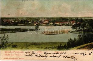 1905 Pöstyén, Piestany; látkép. Kohn Bernát kiadása / Totalansicht / general view + "ZSOLNA - GALÁNTA - BUDAPEST 45. SZ. C" vasúti mozgóposta bélyegző (fl)