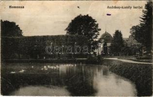 Homonna, Humenné; Gróf Andrássy Sándor kastélya kerttel. Vasúti levelezőlapárusítás 5737. / castle, park + "K.u.k. Militärzensur Sátoraljaújhely" "A hadrakelt seregtől. Von der Armee im Felde" (EB)