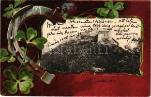 1908 Kékkő, Blauenstein, Modry Kamen; vár. Szecessziós keret lóherével és patkóval. Darvai Armin kiadása / castle. Art Nouveau, horsehoe and clovers. litho (felületi sérülés / surface damage)