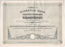 1941. Pécs "Dunántúli Bank Részvénytársaság" névre szóló részvénye 100P-ről, vízjeles papíron, szelvényekkel, szárazpecséttel T:VF