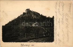 1904 Murány, Murányalja, Podmurán, Murán; vár / castle + "MURÁNY - PELSŐCZ 191. SZ." vasúti mozgóposta bélyegző (vágott / cut)