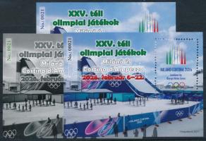 2025 XXV. Téli olimpiai játékok 2026 Milánó és Cortina d'Ampezzo 3 db-os emlékív garnitúra azonos (No 0021) sorszámmal