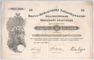 1926. Barcs "Barcs-Drávavidéki Takarékpénztár Részvénytársaság" névre szóló huszonöt részvénye egyben, összesen 250P-ről, szelvényekkel, szárazpecséttel. T:F