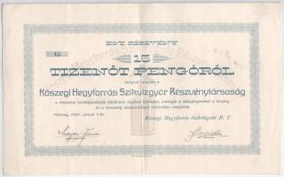 1927. Kőszeg "Kőszegi Hegyforrás Szikvizgyár Részvénytársaság" részvénye 15P-ről, szelvényekkel T:F szép papír
