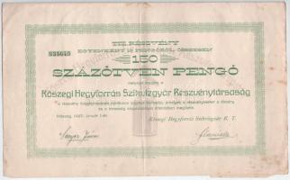 1927. Kőszeg "Kőszegi Hegyforrás Szikvizgyár Részvénytársaság" tíz részvénye egyben, összesen 150P-ről, szelvényekkel T:F