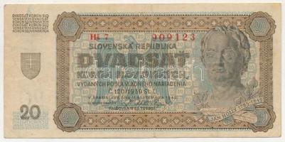 Szlovákia 1939. 20K "Hs 7 909123" T:F,VG Slovakia 1939. 20 Korun "Hs 7 909123" C:F,VG Krause 7