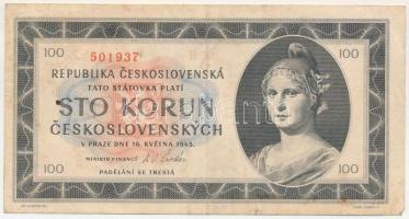 Csehszlovákia 1945. 100K "501937" T:F fo. Czechoslovakia 1945. 100 Korun "501937" C:F spotted Krause P#67