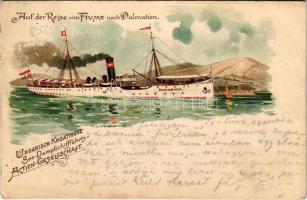 1899 Fiume, Rijeka; "PANNONIA" kivándorlási hajó a kikötőben / Auf der Reise von Fiume nach Dalmatien. Ungarisch Kroatische See-Dampfschiffahrts-Actien-Gesellschaft / Emigration ship Cunard Line SS Pannonia in the port. litho (EK)