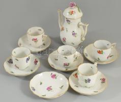 Herendi antik mokkás készlet. Hiányos. Kiöntő, 5 csésze, 6 alj. Kézzel festett, jelzett, rózsán apró lepattanás