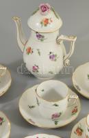 Herendi antik mokkás készlet. Hiányos. Kiöntő, 5 csésze, 6 alj. Kézzel festett, jelzett, rózsán apró...