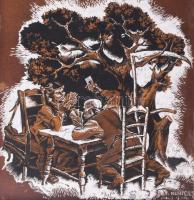 Muhits Sándor (1882-1956): Kártyázás a halállal, 1945. Vegyes technika, papír, jelzett, paszpartuban, 30×26 cm