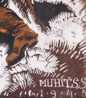 Muhits Sándor (1882-1956): Kártyázás a halállal, 1945. Vegyes technika, papír, jelzett, paszpartuban...