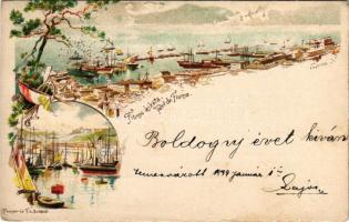 1899 Fiume, Rijeka; Port de Fiume / Fiume kikötője. Országos Ezredéves Kiállítás. Posner Károly Lajos és Fia / Hungarian Millennium Exhibition, ship station, port, harbor. Art Nouveau, floral, litho s: Cserna K. + 2 Kr. barna Ga. (EK)