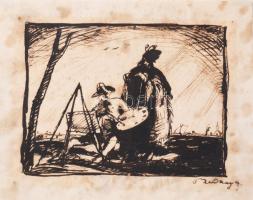 Rudnay Gyula (1878-1957): Festő és modell. Tus, papír, jelzett, kissé foltos, paszpartuban, 8×10,5 cm